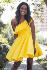 One Shoulder Ruffled Short Prom Dress Yellow Homecoming Dress PD342