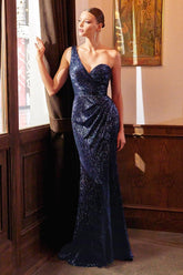 One Shoulder Sequin Long Prom Dress