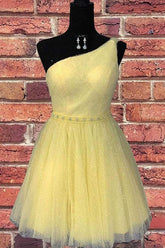 One Shoulder Yellow Chic Tulle Homecoming Dress Cute Graduation Dress PD374