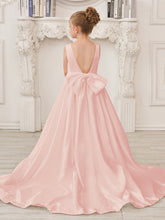 Vestido de niña de las flores de satén sin mangas, corte princesa, con cola y lazo.