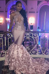 Vestidos de fiesta de encaje rosa, vestidos de noche estilo sirena con flores en la parte inferior