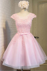 Robe de soirée courte en tulle et dentelle rose à manches courtes PG138