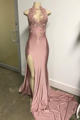 Vestidos largos de sirena rosas sin mangas con apliques y abertura frontal para baile de graduación