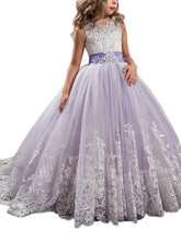 Vestidos de niña de las flores estilo princesa, sin mangas, con cuello joya y lazo.