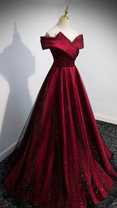 Robe de bal longue en satin bordeaux, coupe trapèze, référence Y767