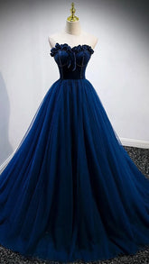 Robe de bal bleue bustier coupe trapèze, robe de soirée élégante Y839