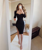 Vestido de noche negro ajustado, modesto, hasta la rodilla, con escote corazón y abertura lateral. Talla personalizada Y948