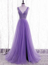 Robe de soirée violette à col en V ornée de perles et de paillettes en tulle, robe de bal violette en tulle Y1008