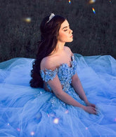 Robe de bal bleue en tulle, épaules dénudées, style « pays des merveilles hivernales », Y1092