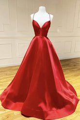 Robe de bal longue en satin rouge, dos nu, robe de soirée simple et élégante sur mesure Y764