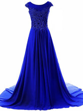 Robe de soirée longue en mousseline et dentelle à manches courtes pour femme - Bleu royal Y945