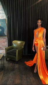 Robe de soirée sexy orange sans manches en satin, tenue pour un 21e anniversaire, robe de soirée sexy Y782