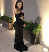 Robe de soirée noire fourreau/colonne à sequins, épaules dénudées et manches longues Y1782