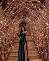 Robe de soirée en velours vert à une manche et fente haute, robe de soirée verte ample Y563