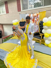 Robe de soirée scintillante, robe de bal sirène jaune sexy avec traîne Y644