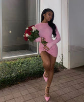 Robe moulante rose à manches longues pour un 19e anniversaire, robe de soirée sexy Y649