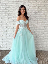 Robe de bal longue en tulle et dentelle à épaules dénudées, robe de soirée verte sur mesure Y632