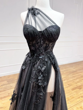 Black Tulle One Shoulder Long Prom Dress with Leg Slit Black Evening Gown Y1146