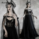 Robe de mariée noire style gothique de conte de fées Baoleely Lakshmigow avec corsage corset à coupes, robe de mariée fantaisie, cape de mariage d'Halloween