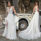 Robe de mariée bohème ivoire en dentelle fendue sur le côté, robe de mariée d'été 2021, sexy, col en V, ligne A, robe de mariée Vestido Playero