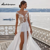 Baoleely Sexy Plage Robes De Mariée Longue Dentelle Col V Fendue A-ligne Robes De Mariée Blanc Dos Nu Trouwjurken Robe Novia