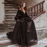 Baoleely Fantasy Robes de mariée noires à manches longues Solstice d'hiver Elopement Robe de mariée gothique pour Halloween Witchy Vestido Novia