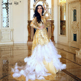 Ostrich Feathers Photography Gold Ruffles Crystal Long Bride Dress Wedding DressesHA2025