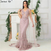 Robe de soirée sirène élégante sans manches à col en V et dentelle, style poire, LA6595