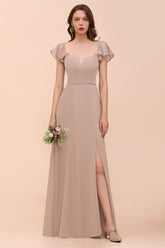 Puff Sleeve Khaki Bridesmaid Dress Side Spolit Maid of honor dress