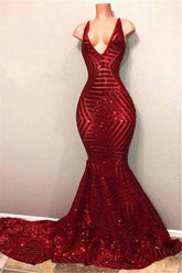 Vestidos largos de sirena con escote en V y lentejuelas rojas brillantes para baile de graduación