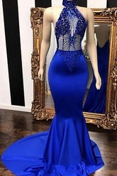 Vestidos largos de sirena sin mangas con encaje y pedrería, color azul real, escote halter, vestidos de fiesta largos, sin mangas, con cuello halter y detalles de encaje.