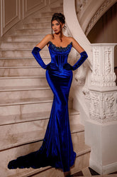 Royal Blue Long Velvet Beading Sleeveless Mermaid Evening Party Gowns