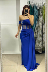 Royal Blue Mermaid One Shoulder Dress with Beads and Ruffles