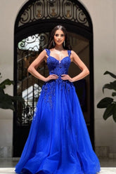 Vestidos de fiesta largos azul marino sin mangas, vestidos de noche de encaje corte A