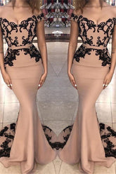 Vestidos de fiesta SCARLETT de sirena, con mangas largas tipo casquillo y hombros descubiertos con apliques