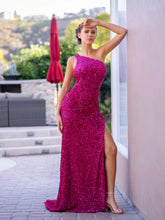 Robe de bal longue fuchsia sirène asymétrique à sequins avec fente