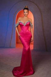 Sexy Mermaid Off-the-shoulder Sleeveless Rhinestone Satin Prom Dresses