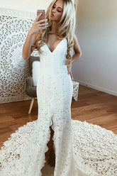 Vestidos de novia elegantes de encaje, estilo sirena, con tirantes finos, espalda descubierta y corte sexy.
