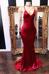 Robe de bal sirène rouge longue en mousseline, sans bretelles spaghetti et décolleté en V