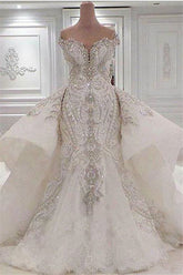 Vestidos de novia de sirena, sexis, sin tirantes, con cristales y sobrefalda de cola larga