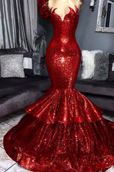Robe de bal sirène rouge à sequins longue et sexy sans bretelles
