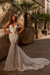 Vestidos de novia de sirena sin mangas con encaje y escote corazón, sexis y sexys