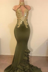 Robe de bal sirène sexy à col V et dos nu, sequins en mousseline verte, longue dos nu