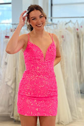 Vestido sexy de fiesta con escote en V, tirantes finos, espalda descubierta y lentejuelas