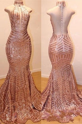 Vestidos de sirena brillantes de lentejuelas sin mangas y cuello alto para baile de graduación