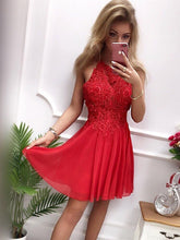 Short A-line Halter Chiffon Lace Prom Formal Homecoming Dresses