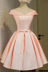 Vestido sencillo de fiesta de bienvenida color rosa rubor con hombros descubiertos, vestido de graduación de satén