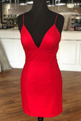 Simple Sheath V Neck Straps Red Mini Party Dress Homecoming Dress PD398