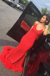 Vestidos largos de fiesta de sirena sencillos con escote en V y cola de piel