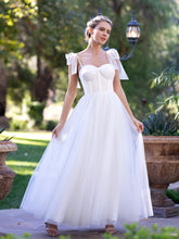 Vestido de fiesta largo hasta el suelo con corsé, lazo de tul y tirantes finos